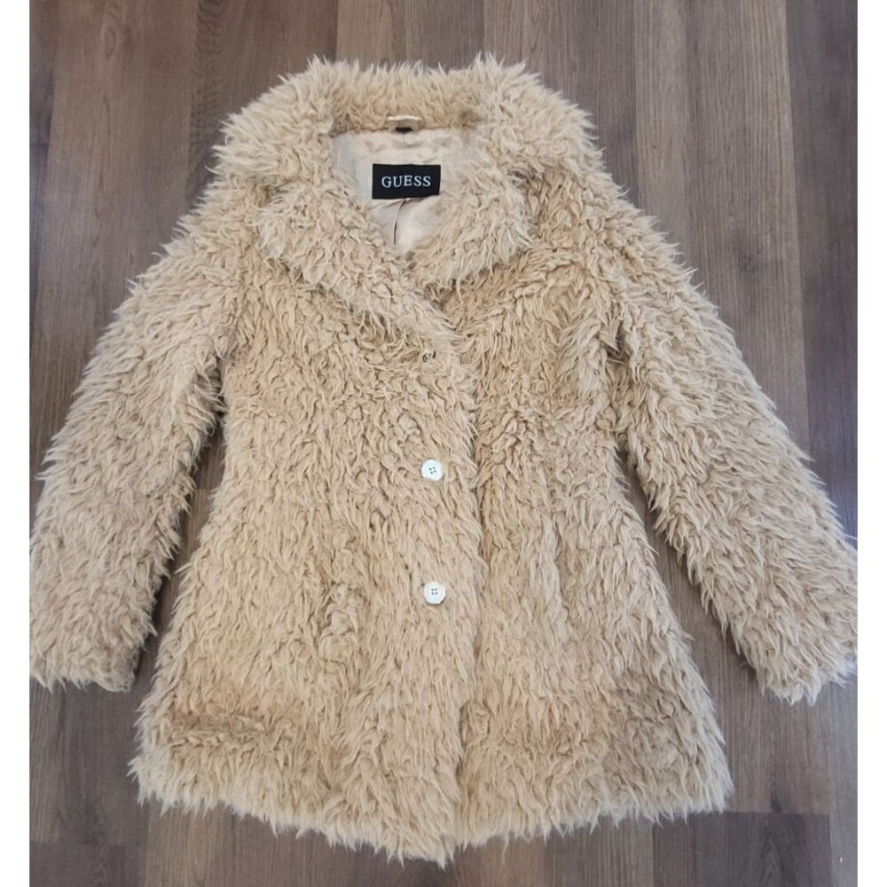 GUESS Womens M Faux Fur Shaggy Teddy Coat Beige Mob Wife Y2K Luxe Lined